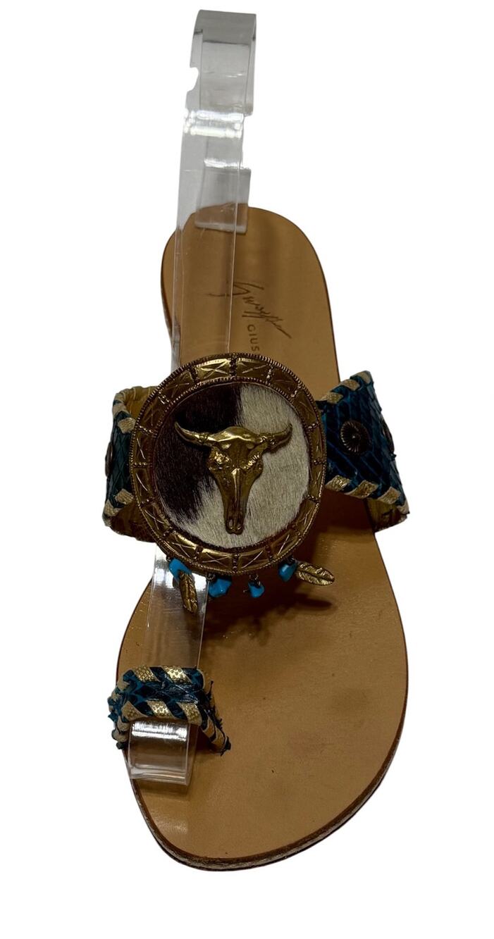 Giuseppe Zanotti Rare Western Leather Turquoise Flat Sandals